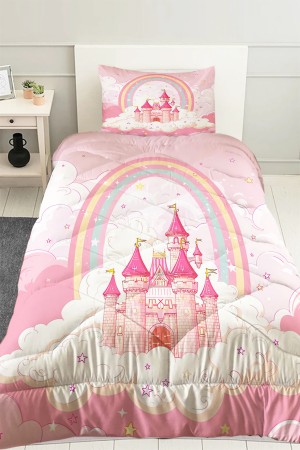 Pembe Şatolu Desenli Kız Çocuk Tek Kişilik Kapitoneli Yorgan Yastık Kılıflı