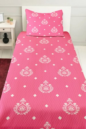 Pembe Beyaz Retro Desenli Kız Çocuk Tek Kişilik Pike Takımı Kapitoneli Yatak Örtüsü
