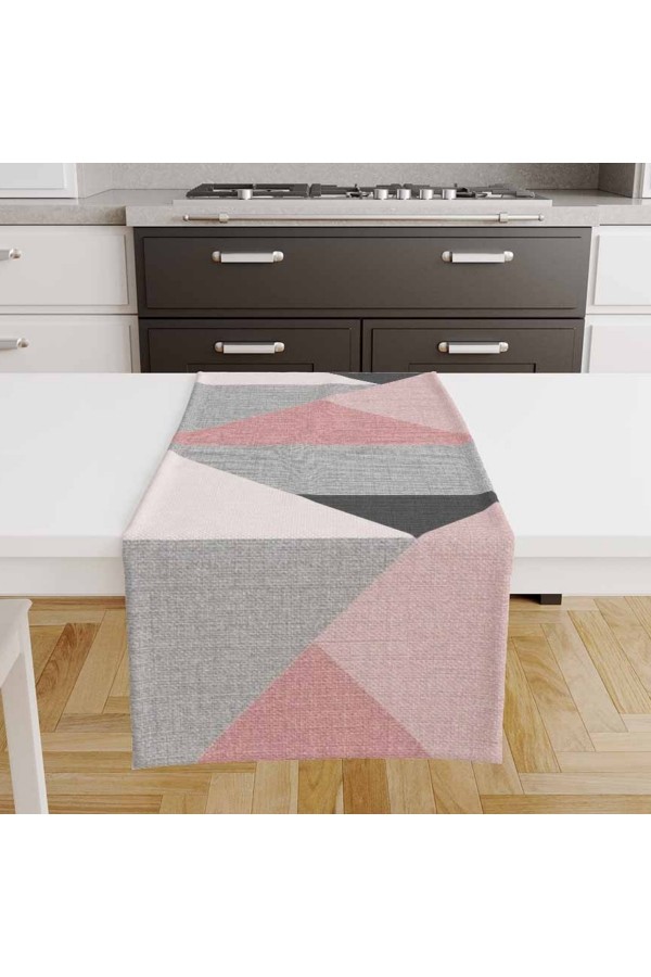 Pembe Gri Desenli Baskılı Leke Tutmaz Dertsiz Dekoratif Runner Örtüsü 40x140cm