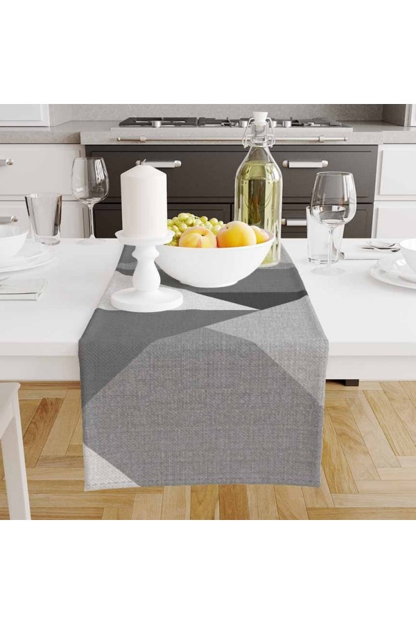 Gri Üçgenler Desenli Baskılı Leke Tutmaz Dertsiz Dekoratif Runner Örtüsü 40x140cm