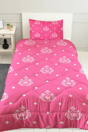 Pembe Beyaz Retro Desenli Kız Çocuk Tek Kişilik Kapitoneli Yorgan Yastık Kılıflı