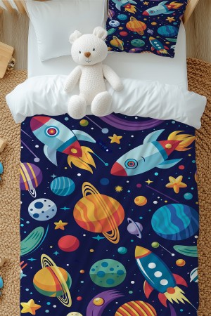 Uzay Gezegenler Desenli Erkek Çocuk Tek Kişilik Nevresim Takımı Yastık Kılıflı