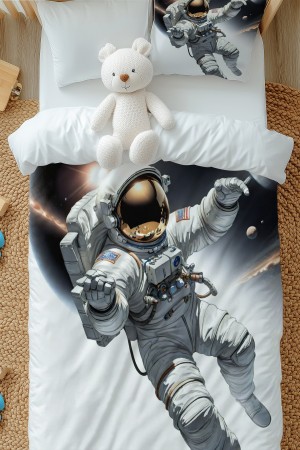 Astronot Kozmonot Desenli Erkek Çocuk Tek Kişilik Nevresim Takımı Yastık Kılıflı