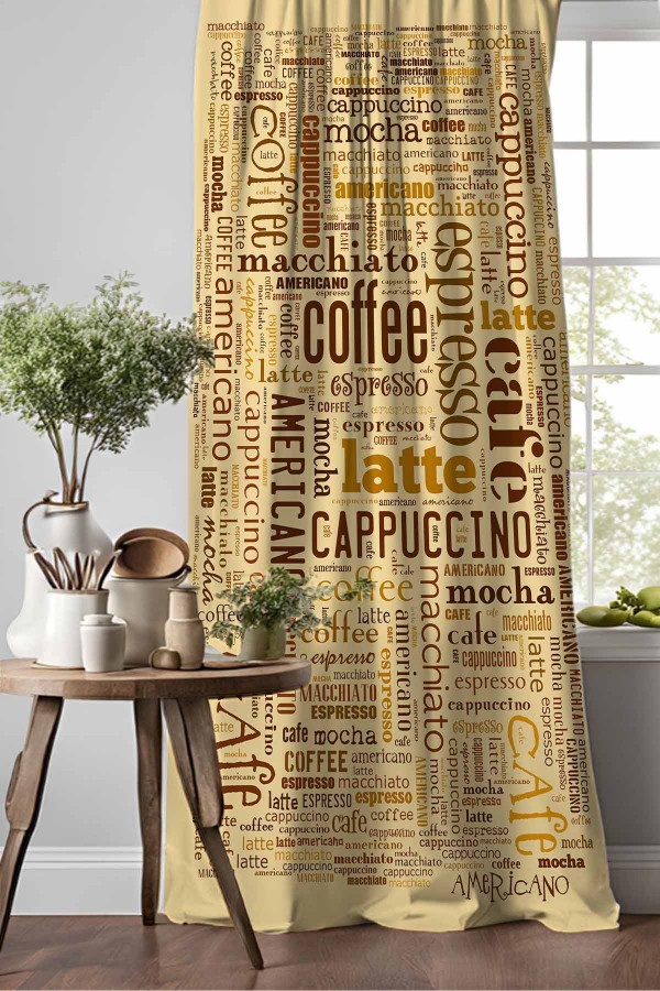 Kahve Yazılar Desenli Djital Baskılı Yemek Odası Mutfak Fon Perde 140x260cm Kahve Yazılar Desenli Djital Baskılı Yemek Odası Mutfak Fon Perde 140x260cm