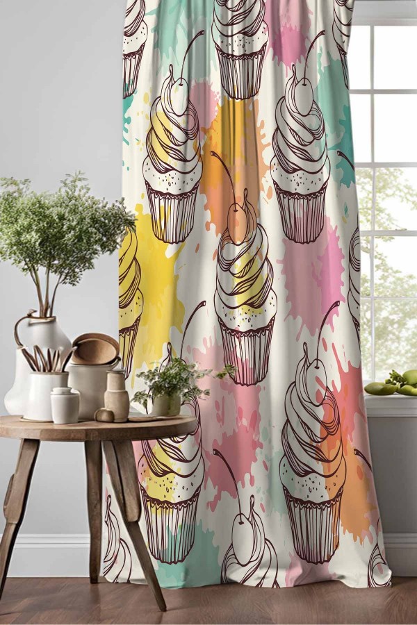 Renkli Cup Kekler Desenli Djital Baskılı Yemek Odası Mutfak Fon Perde 140x260cm Renkli Cup Kekler Desenli Djital Baskılı Yemek Odası Mutfak Fon Perde 140x260cm