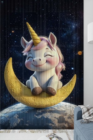 Ayda Oturan Unicorn Desenli Kız Çocuk Tül Perde Tek Kanat 140x260cm