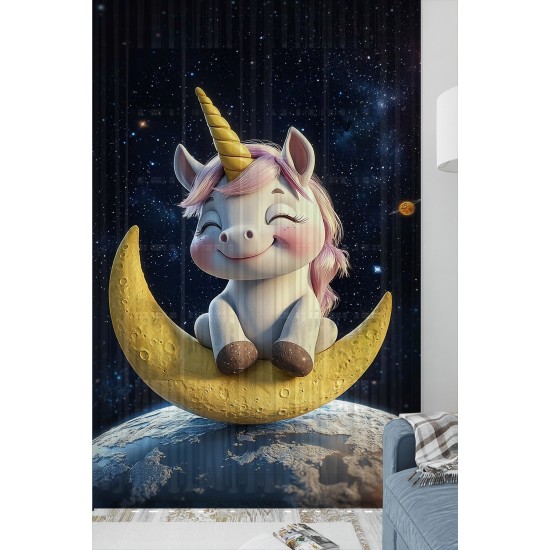 Ayda Oturan Unicorn Desenli Kız Çocuk Tül Perde Tek Kanat 140x260cm