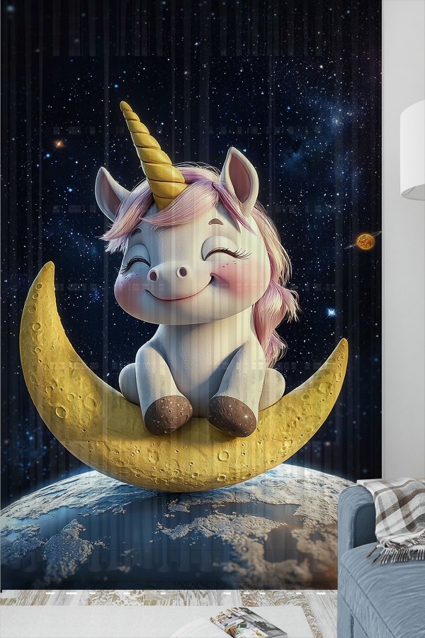 Ayda Oturan Unicorn Desenli Kız Çocuk Tül Perde Tek Kanat 140x260cm Ayda Oturan Unicorn Desenli Kız Çocuk Tül Perde Tek Kanat 140x260cm