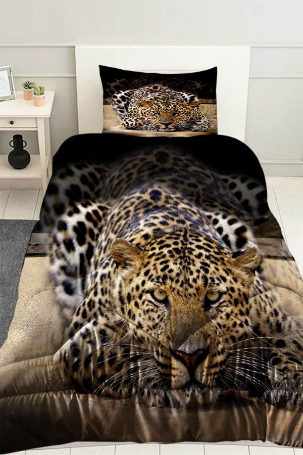 Leopar Desenli Tek Kişilik Kapitoneli Yorgan Yastık Kılıflı