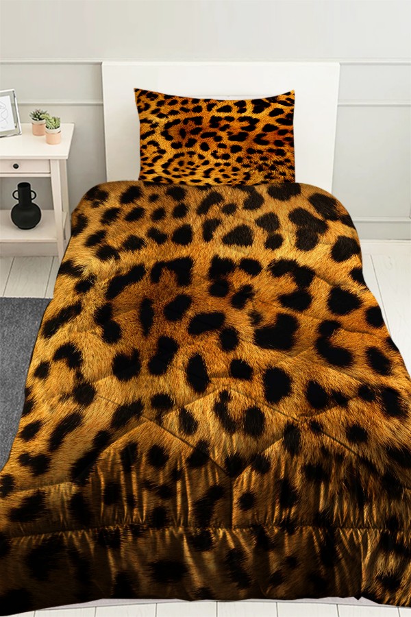 Kahve Siyah Leopar Desenli Tek Kişilik Kapitoneli Yorgan Yastık Kılıflı