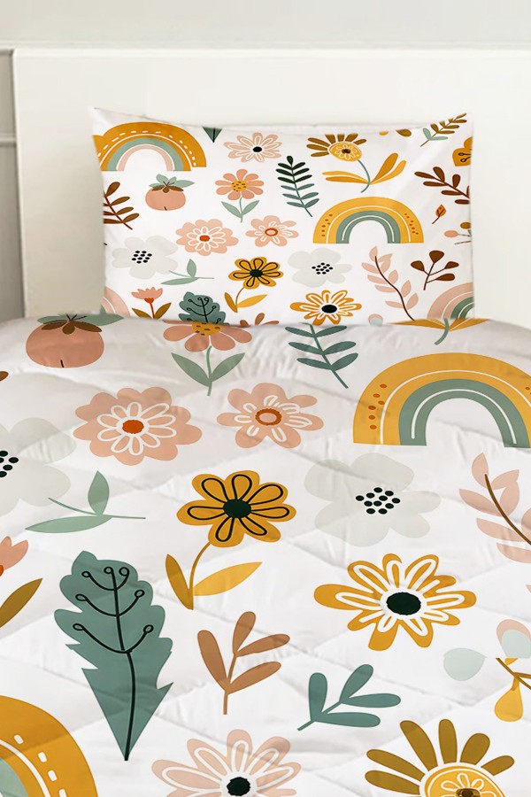 Çiçekli Boho Gökkuşağı Desenli Kız Çocuk Tek Kişilik Kapitoneli Yorgan Kılıfı Uyku Seti