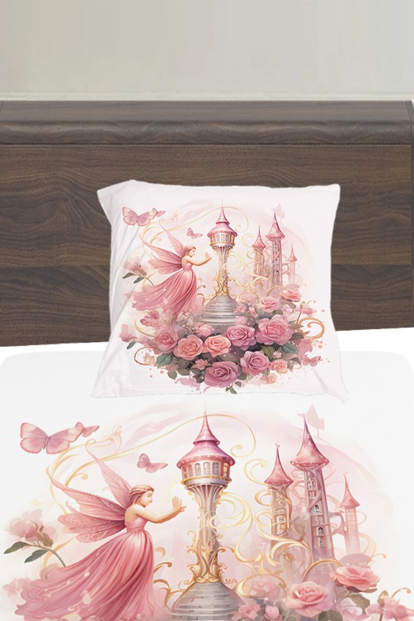 Pembe Perili Çiçekli Desenli Çocuk Tek Kişilik Yastıklı Lastikli Çarşaf Takımı 100x200cm