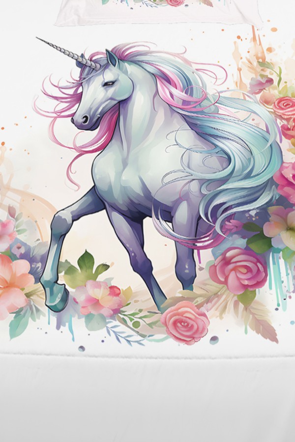 Renkli Çiçekli Unicorn Atlı Desenli Kız Çocuk Tek Kişilik Yastıklı Lastikli Çarşaf Takımı 100x200cm