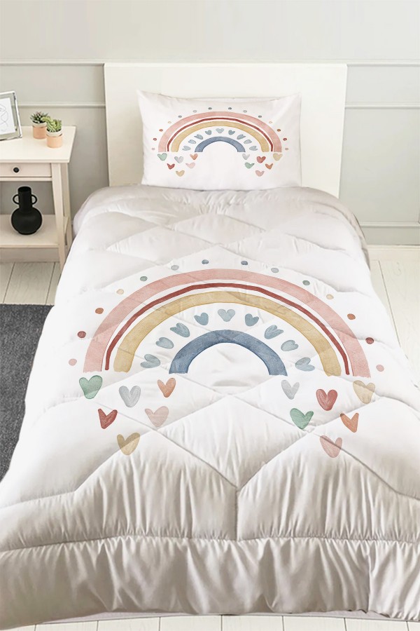 Gökkuşağı Boho Desenli Kız Çocuk Tek Kişilik Kapitoneli Yorgan Kılıfı Uyku Seti