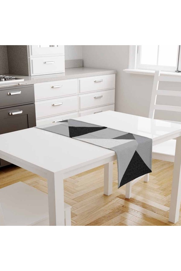 Gri Siyah Üçgenler Desenli Baskılı Leke Tutmaz Dertsiz Dekoratif Runner Örtüsü 40x140cm