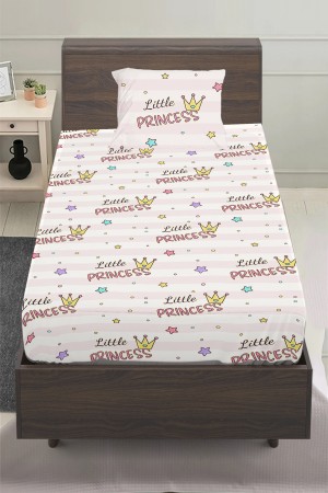 Prenses Yazılı Pembe Desenli Kız Çocuk Tek Kişilik Yastıklı Lastikli Çarşaf Takımı 100x200cm