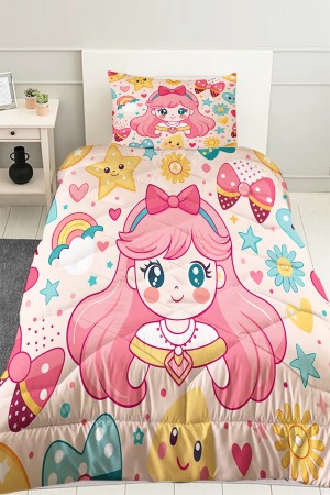 Anime Pembe Prenses Desenli Kız Çocuk Tek Kişilik Kapitoneli Yorgan Yastık Kılıflı