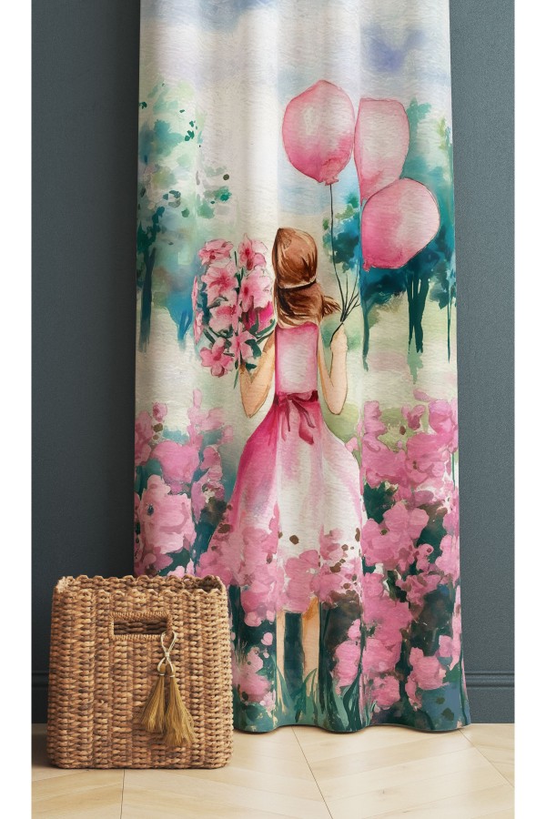 Pembe Balonlu Prenses Kız Desenli Çocuk Odası Fon Perde 140x260cm