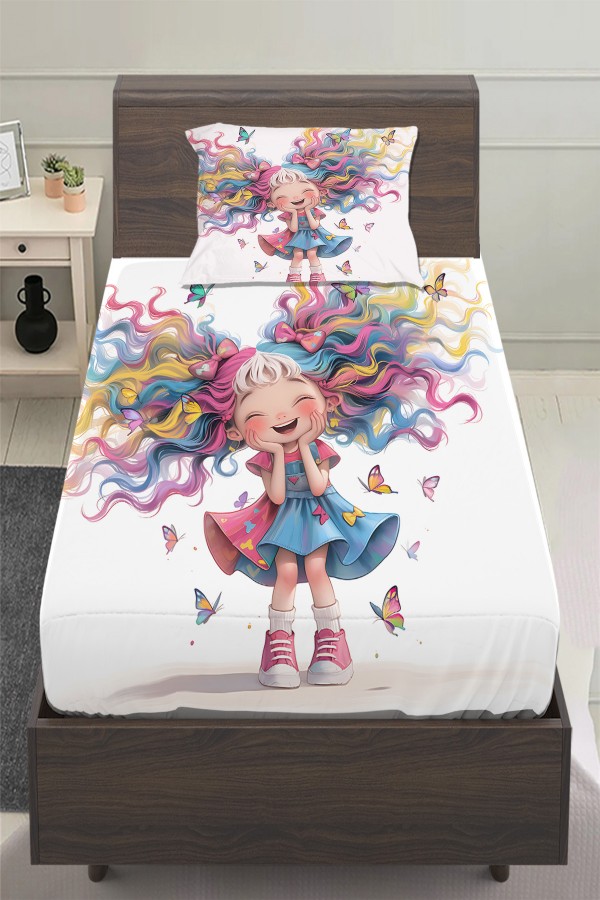 Sevimli Renkli Kız Desenli Çocuk Tek Kişilik Yastıklı Lastikli Çarşaf Takımı 100x200cm Sevimli Renkli Kız Desenli Çocuk Tek Kişilik Yastıklı Lastikli Çarşaf Takımı 100x200cm