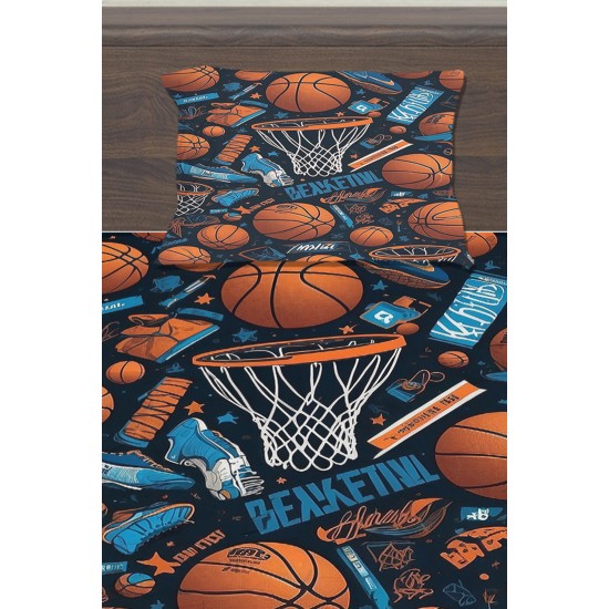 Basketbol Topları Desenli Erkek Çocuk Tek Kişilik Yastıklı Lastikli Çarşaf Takımı 100x200cm