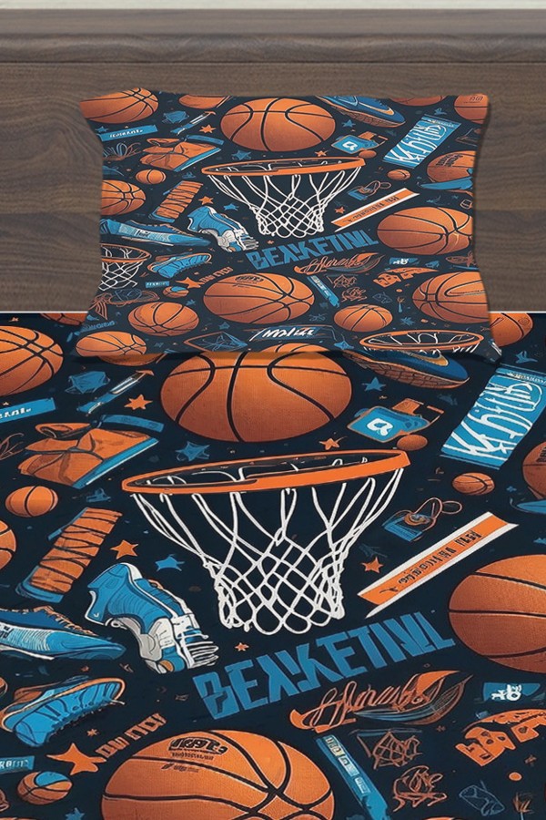 Basketbol Topları Desenli Erkek Çocuk Tek Kişilik Yastıklı Lastikli Çarşaf Takımı 100x200cm Basketbol Topları Desenli Erkek Çocuk Tek Kişilik Yastıklı Lastikli Çarşaf Takımı 100x200cm