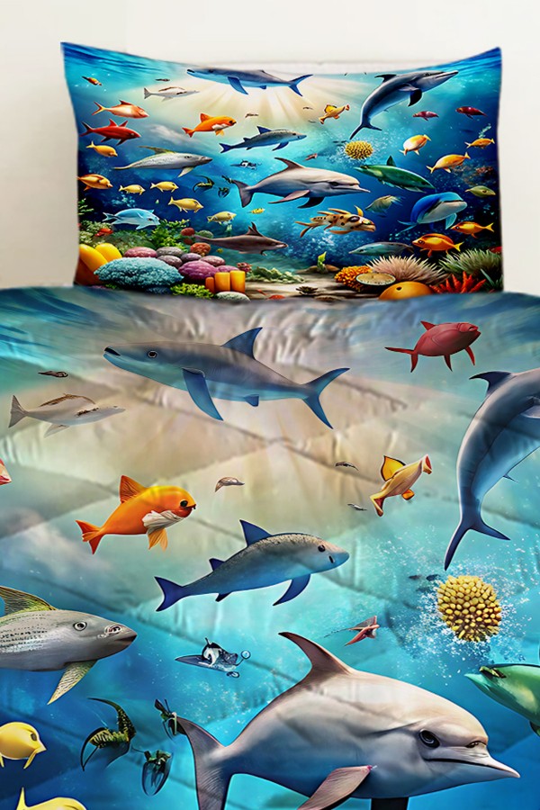 Su Altı Deniz Dünyası Balıklar Desenli Çocuk Tek Kişilik Kapitoneli Yorgan Yastık Kılıflı Su Altı Deniz Dünyası Balıklar Desenli Çocuk Tek Kişilik Kapitoneli Yorgan Yastık Kılıflı