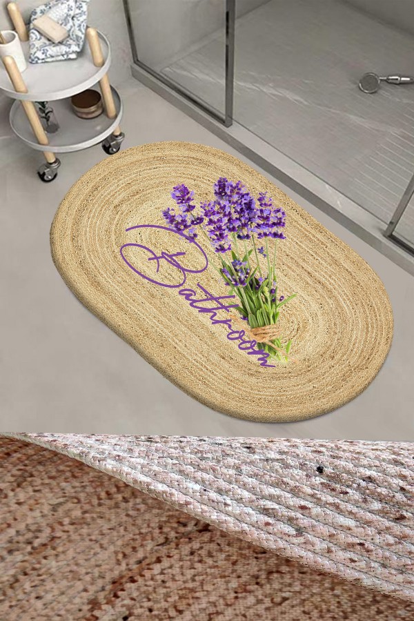 Else Mor Lavanta Desenli Halat Hasır Jüt Örgü Oval Banyo Halısı Klozet Duş Önü Paspası