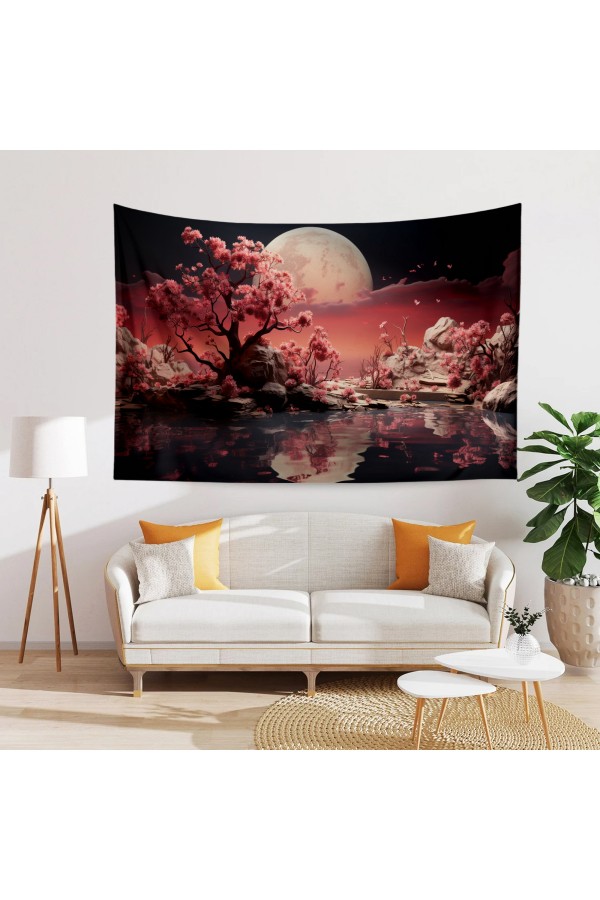 Sakura Ağaçları Ay Manzara Japon Desenli Duvar Örtüsü Duvar Halısı Tapestry Sakura Ağaçları Ay Manzara Japon Desenli Duvar Örtüsü Duvar Halısı Tapestry
