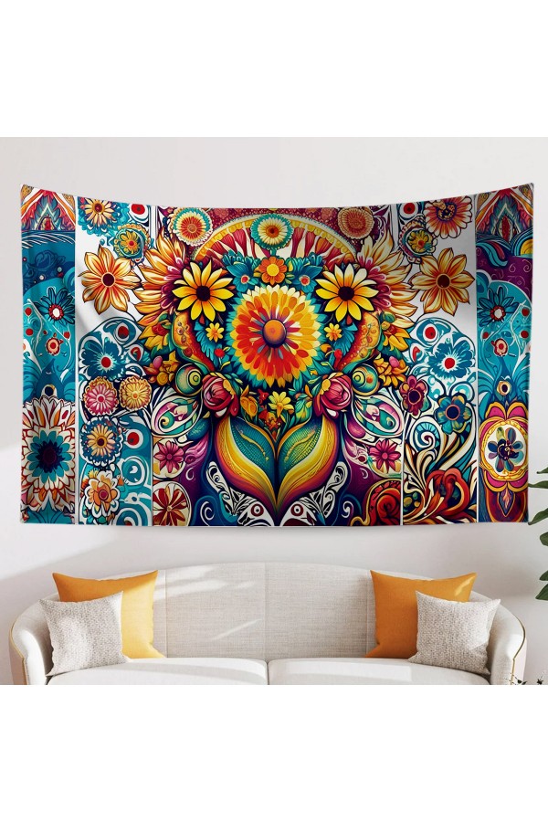 Hippi Renkli Çiçekler Desenli Duvar Örtüsü Duvar Halısı Tapestry