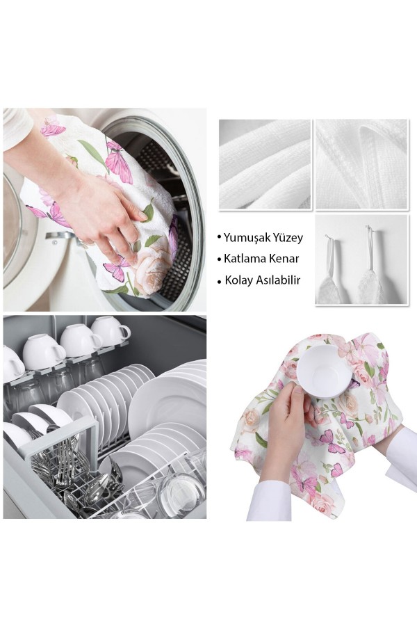 Else Dekor Pembe Kelebek Çiçek Desen Mikrofiber Mutfak Havlusu Kurulama Bezi Su Emici El Yüz Havlusu