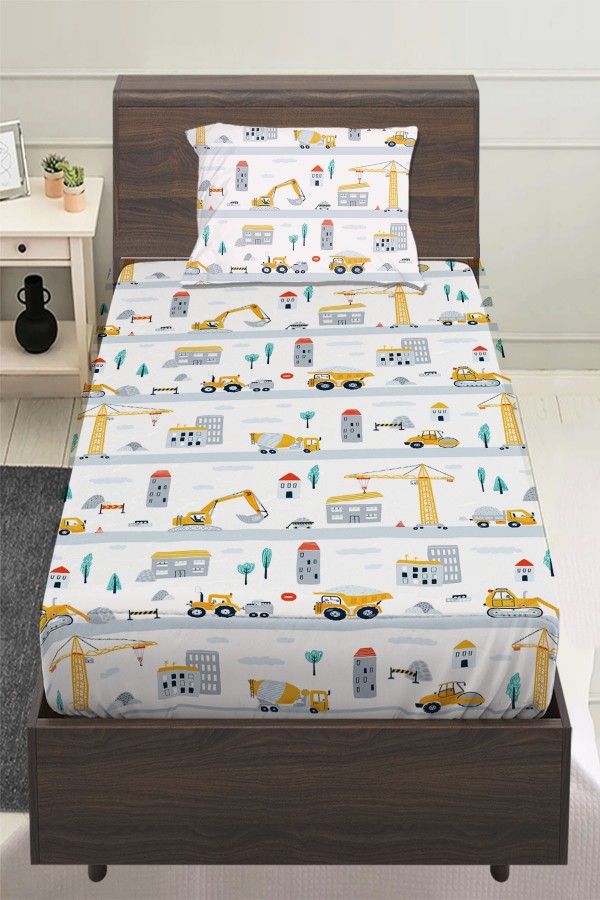 İş Makineleri İnşaat Desenli Erkek Çocuk Tek Kişilik Yastıklı Lastikli Çarşaf Takımı 100x200cm İş Makineleri İnşaat Desenli Erkek Çocuk Tek Kişilik Yastıklı Lastikli Çarşaf Takımı 100x200cm