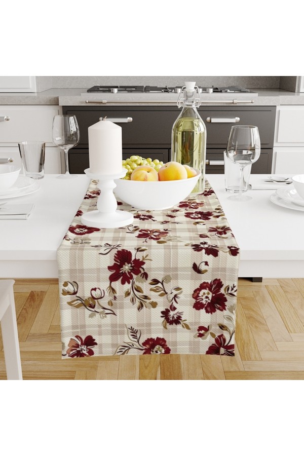 Kareli Çiçekli Desenli Dijital Baskılı Leke Tutmaz Dertsiz Dekoratif Runner Örtüsü 40x140cm