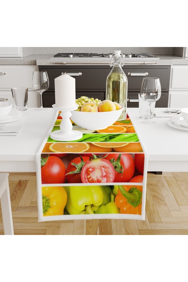 Meyveler Sebzeler Desenli Dijital Baskılı Leke Tutmaz Dertsiz Dekoratif Runner Örtüsü 40x140cm