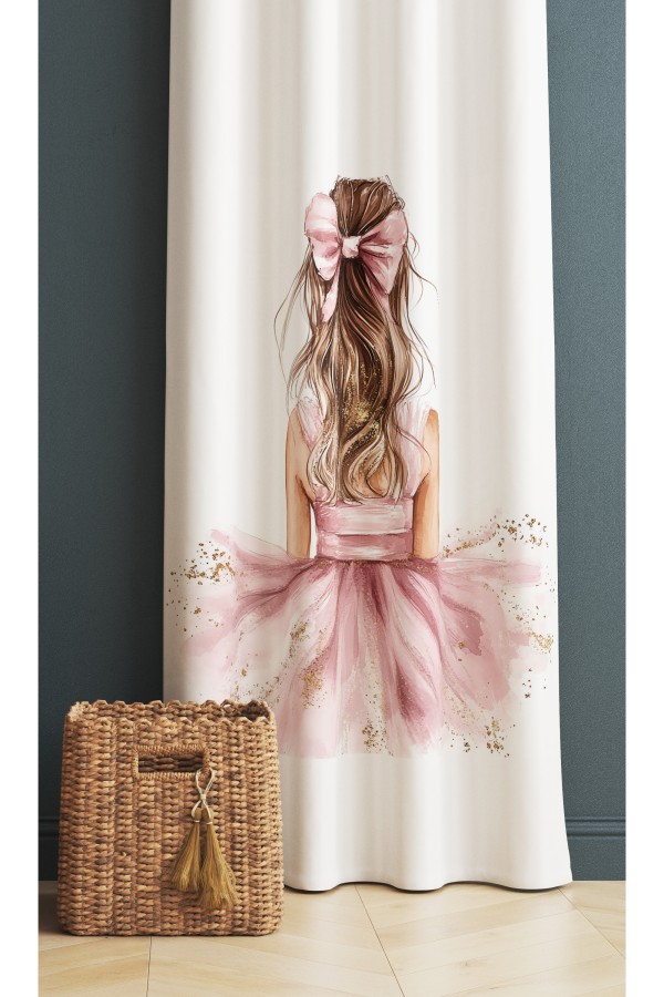 Pembe Fiyonklu Sarı Kız Desenli Çocuk Odası Fon Perde 140x260cm