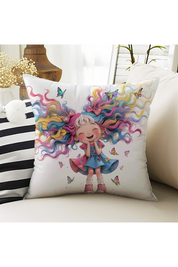 Sevimli Renkli Kız Desenli ÇocukDekoratif Çift Taraflı Kırlent Kılıfı 43x43cm