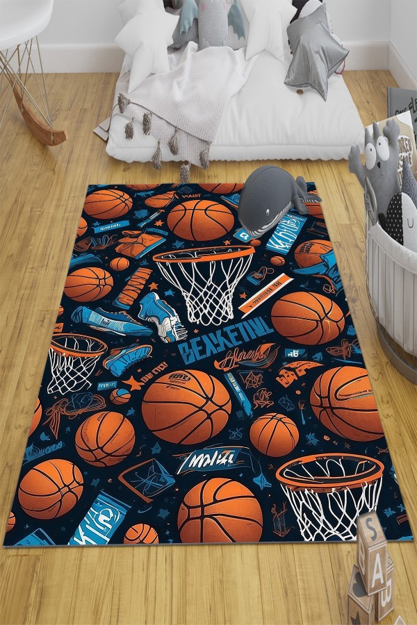 Basketbol Topları Desenli Erkek Çocuk Odası Halısı Yıkanabilir Kaymaz Taban Basketbol Topları Desenli Erkek Çocuk Odası Halısı Yıkanabilir Kaymaz Taban