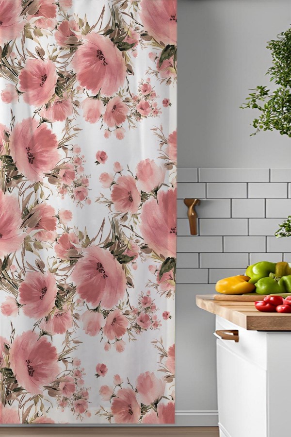 Pembe Güller Desenli Djital Baskılı Yemek Odası Mutfak Fon Perde 140x260cm