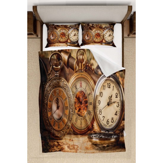 Else Kahverengi Vintage Saatler Desenli Yatak Örtüsü Çift Kişilik Pike Takımı