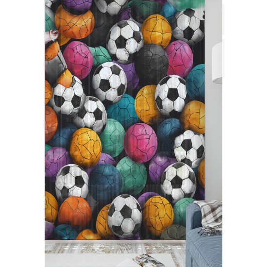 Renkli Toplar Futbol Desenli Erkek Çocuk Odası Tül Perde 140x260cm