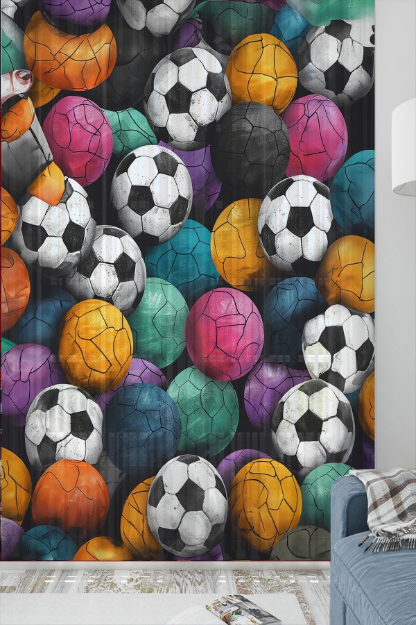 Renkli Toplar Futbol Desenli Erkek Çocuk Odası Tül Perde 140x260cm Renkli Toplar Futbol Desenli Erkek Çocuk Odası Tül Perde 140x260cm