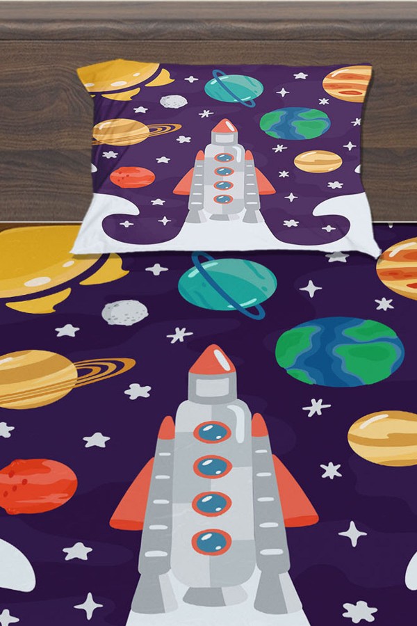 Uzay Gemisi Gezegenler Desenli Çocuk Tek Kişilik Yastıklı Lastikli Çarşaf Takımı 100x200cm Uzay Gemisi Gezegenler Desenli Çocuk Tek Kişilik Yastıklı Lastikli Çarşaf Takımı 100x200cm