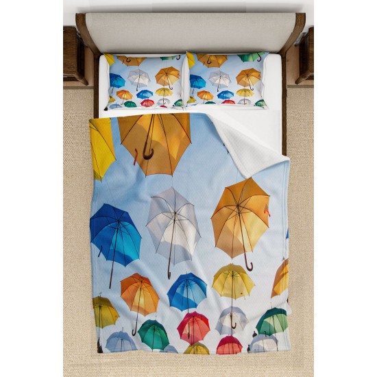 Else Renkli Şemsiyeler Desenli Yatak Örtüsü Çift Kişilik Pike Takımı