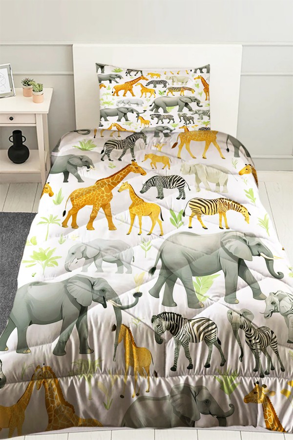 Safari Afrika Hayvanları Desenli Erkek Çocuk Tek Kişilik Kapitoneli Yorgan Yastık Kılıflı Safari Afrika Hayvanları Desenli Erkek Çocuk Tek Kişilik Kapitoneli Yorgan Yastık Kılıflı