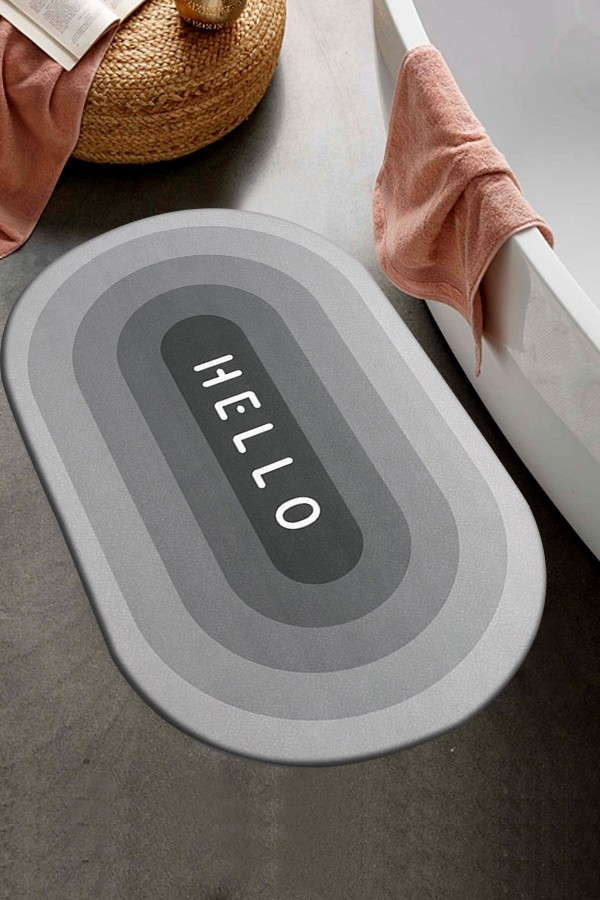 Else Dekor Gri Beyaz Hello Desenli Duş Önü Banyo Halısı Paspas Klozet Tek Parça Oval
