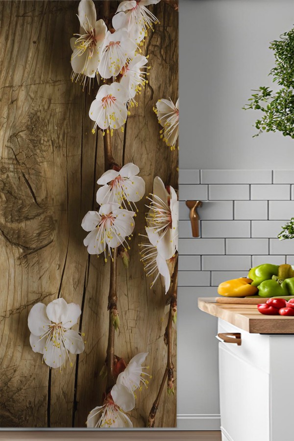 Beyaz Ayva Çiçeği Desenli Djital Baskılı Yemek Odası Mutfak Fon Perde 140x260cm