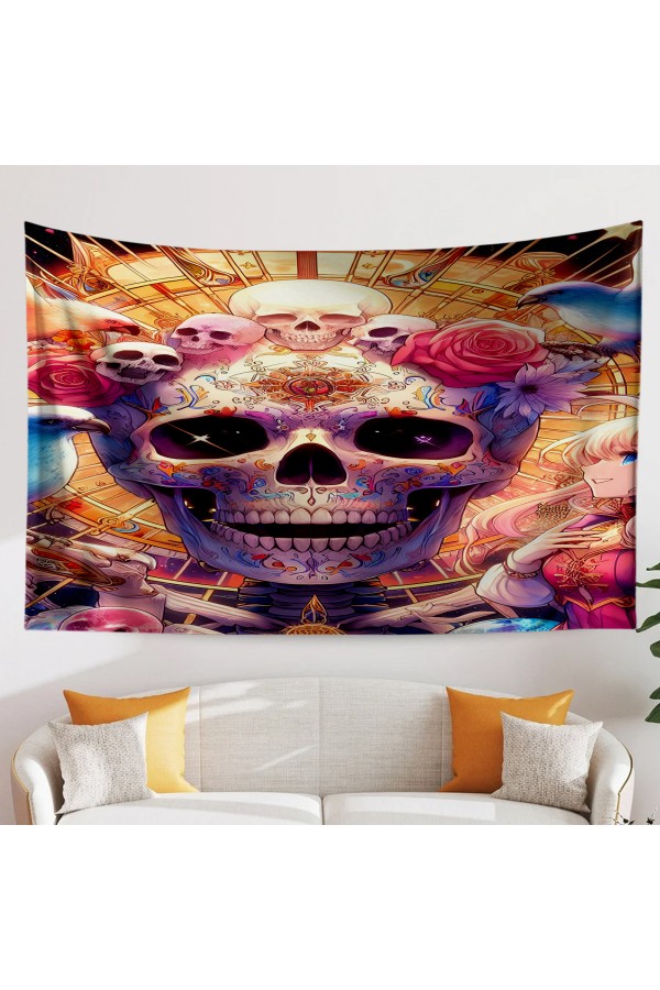 Renkli Kuru Kafa İskelet Çiçek Desenli Duvar Örtüsü Duvar Halısı Tapestry Renkli Kuru Kafa İskelet Çiçek Desenli Duvar Örtüsü Duvar Halısı Tapestry