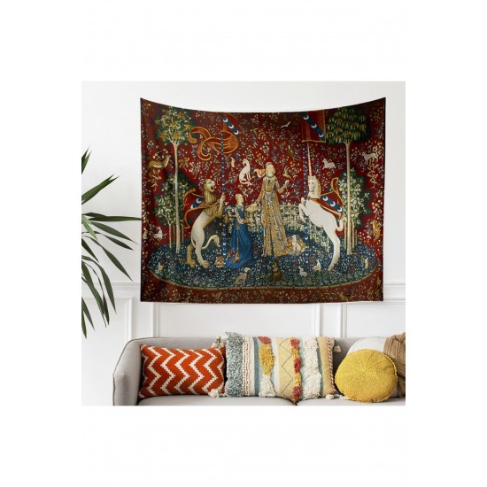 Ortaçağ Unicorn Kadın Vintage Desenli Duvar Örtüsü Duvar Halısı Tapestry