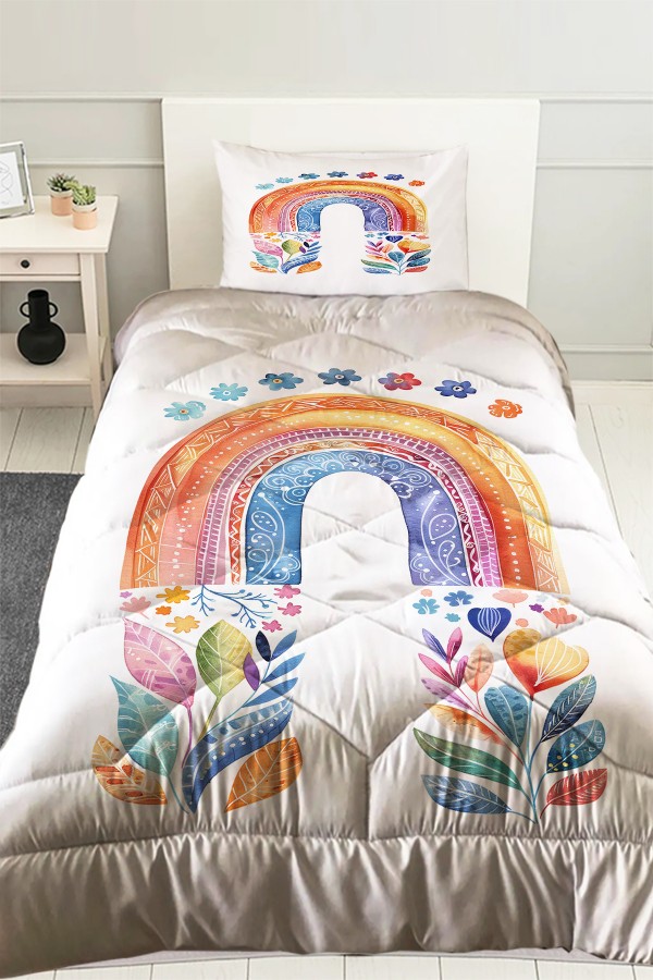Boho Gökkuşağı Sulu boya Desenli Kız Çocuk Tek Kişilik Kapitoneli Yorgan Yastık Kılıflı Boho Gökkuşağı Sulu boya Desenli Kız Çocuk Tek Kişilik Kapitoneli Yorgan Yastık Kılıflı