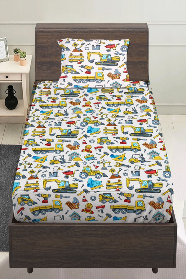 İnşaat Makineleri Kamyon Desenli Erkek Çocuk Tek Kişilik Yastıklı Lastikli Çarşaf Takımı 100x200cm