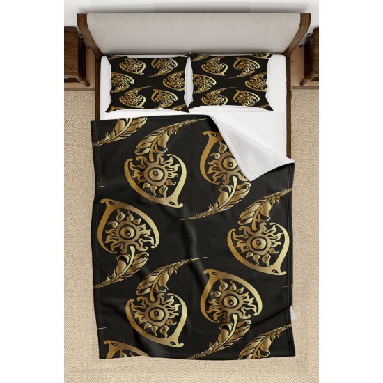 Else Siyah Altın Sarısı Vintage Desenli Yatak Örtüsü Çift Kişilik Pike Takımı